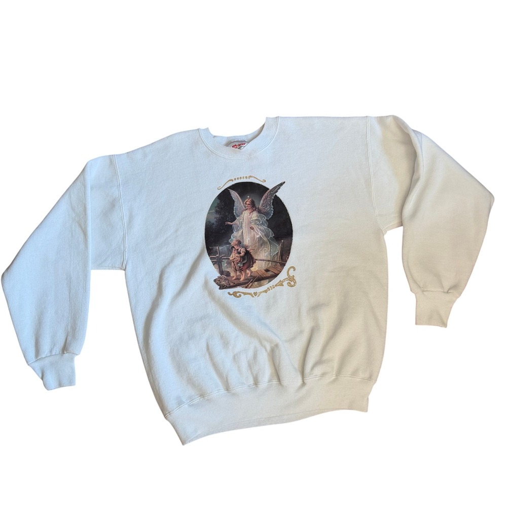 Vintage Hanes Premium Weight Guardian Angel Sweatshirt White Glitter Large